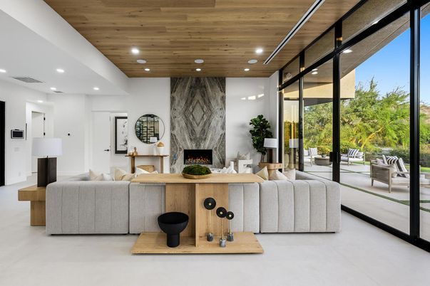 Fireplace, Interior, Living room, Recessed Lighting, Wooden Ceilings