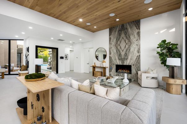 Fireplace, Interior, Living room, Recessed Lighting, Wooden Ceilings
