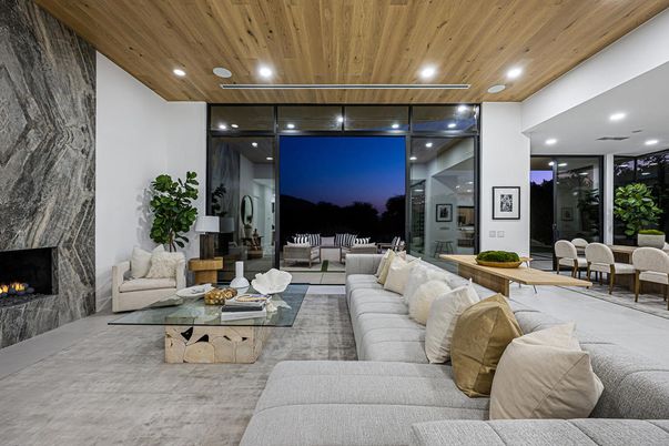 Fireplace, Interior, Living room, Recessed Lighting, Wooden Ceilings