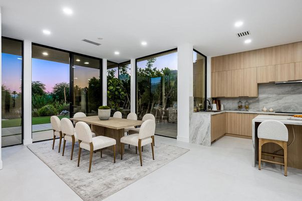 Dining room, Interior, Kitchen, Marble Walls, Recessed Lighting
