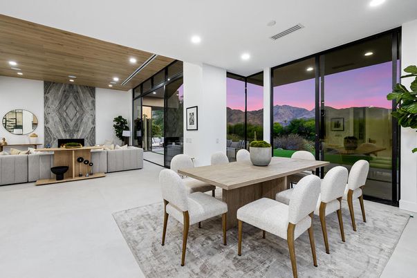 Dining room, Fireplace, Interior, Living room, Marble Walls, Recessed Lighting, Wooden Ceilings