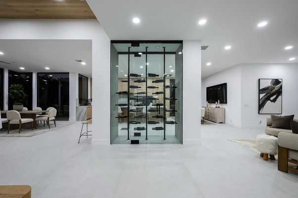 Dining room, Interior, Recessed Lighting, Wine Storage, Wooden Ceilings