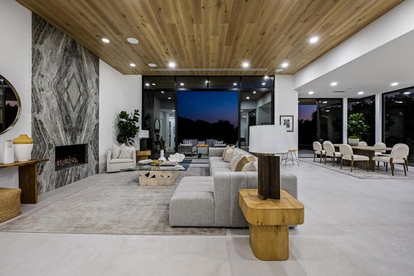 Dining room, Fireplace, Interior, Living room, Recessed Lighting, Wooden Ceilings