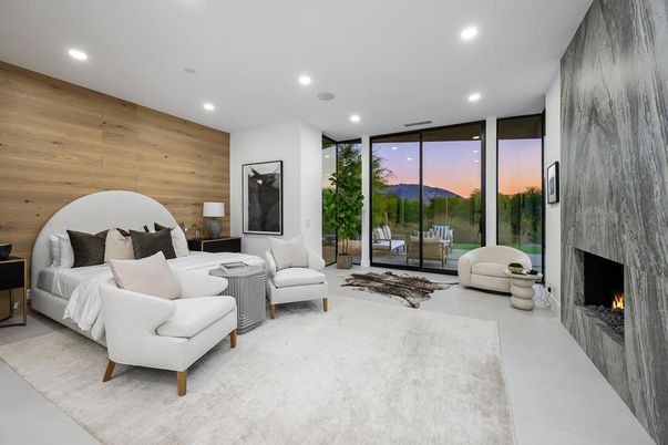 Bedroom, Fireplace, Interior, Living room, Recessed Lighting, Wooden Walls