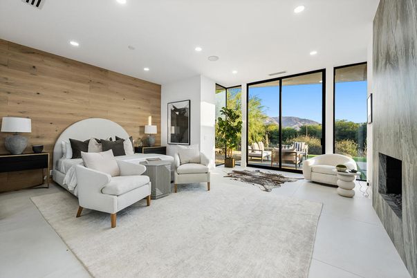 Bedroom, Fireplace, Interior, Living room, Recessed Lighting, Wooden Walls