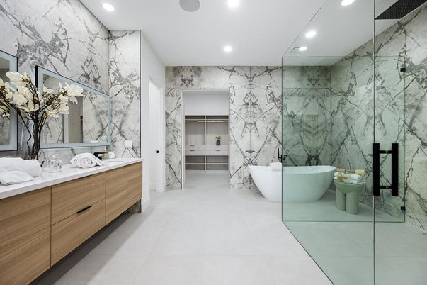 Bathroom, Dual Sink Vanities, Free Standing Baths, Glass Shower, Interior, Marble Walls, Recessed Lighting