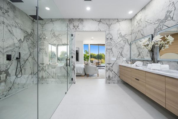 Bathroom, Dual Sink Vanities, Free Standing Baths, Glass Shower, Interior, Marble Walls, Recessed Lighting