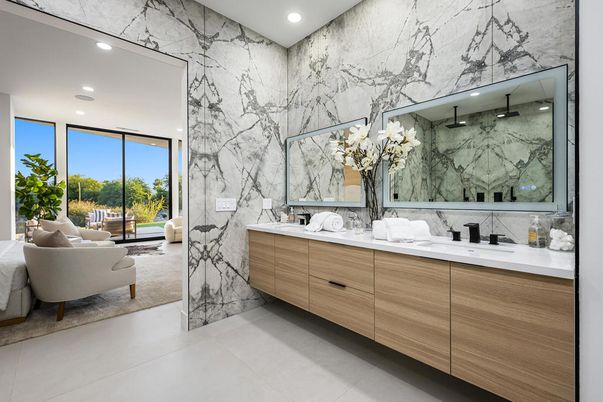 Bathroom, Dual Sink Vanities, Interior, Marble Walls, Recessed Lighting