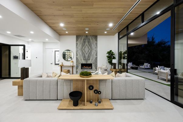 Fireplace, Interior, Living room, Recessed Lighting, Wooden Ceilings