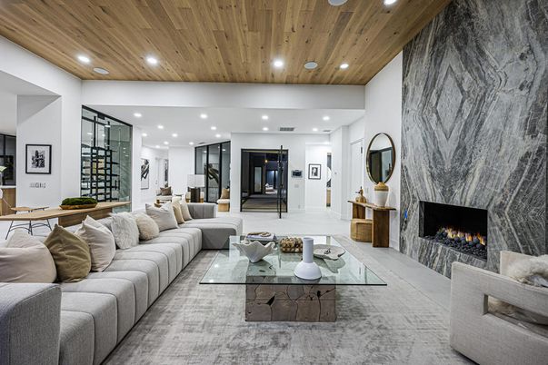Fireplace, Interior, Living room, Recessed Lighting, Wooden Ceilings