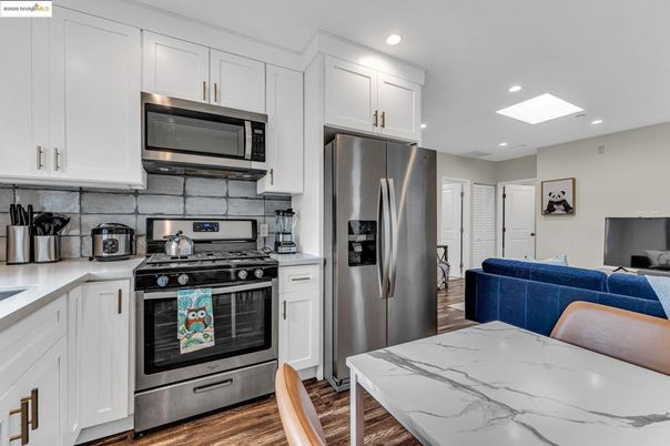 Interior, Kitchen, Living room, Recessed Lighting, Stainless Steel Appliances, Wood Texture Flooring