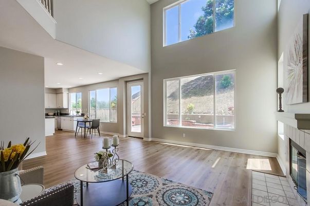 Dining room, Fireplace, Interior, Kitchen, Recessed Lighting, Wood Texture Flooring
