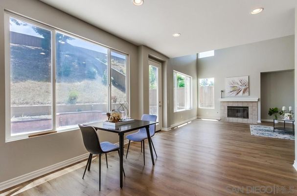 Dining room, Fireplace, Interior, Recessed Lighting, Wood Texture Flooring