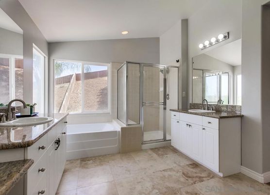 Bathroom, Dual Sink Vanities, Glass Shower, Interior, Recessed Lighting