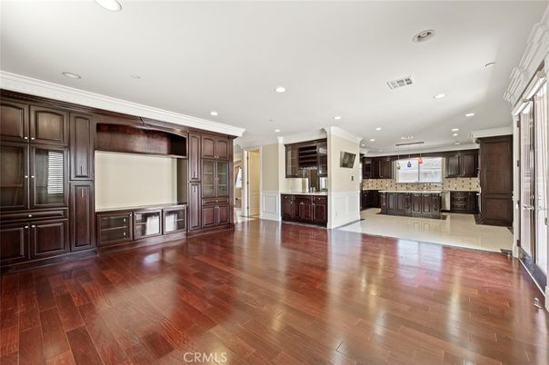 Empty room, Interior, Kitchen, Recessed Lighting, Wood Texture Flooring