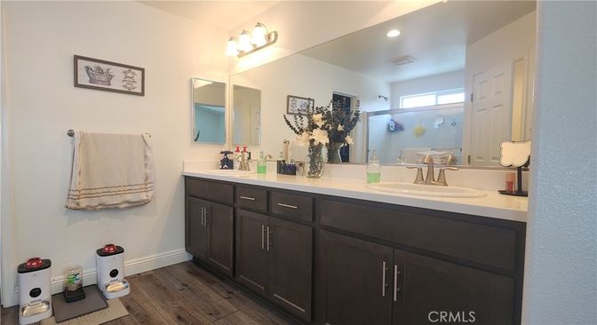 Bathroom, Dual Sink Vanities, Interior, Recessed Lighting, Wood Texture Flooring
