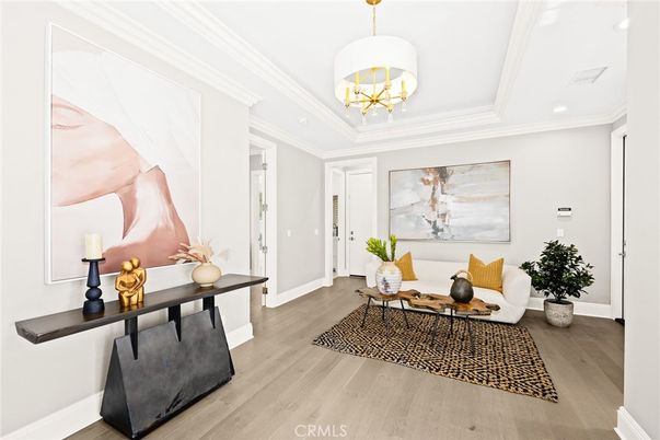 Chandelier, Interior, Living room, Recessed Lighting, Wood Texture Flooring