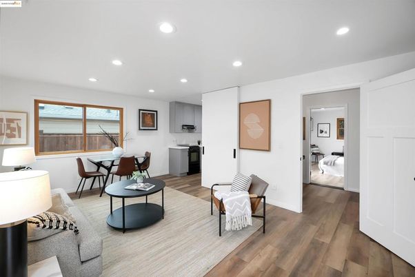 Dining room, Interior, Kitchen, Living room, Recessed Lighting, Wood Texture Flooring