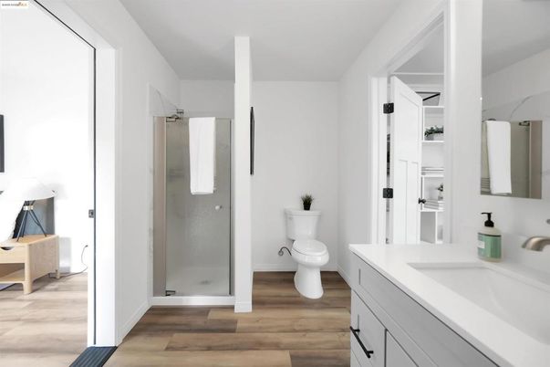 Bathroom, Glass Shower, Interior, Wood Texture Flooring