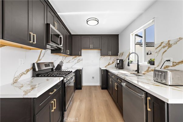 Interior, Kitchen, Marble Walls, Wood Texture Flooring