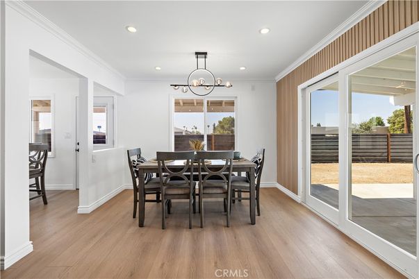 Dining room, Interior, Pendant Lights, Recessed Lighting, Wood Texture Flooring