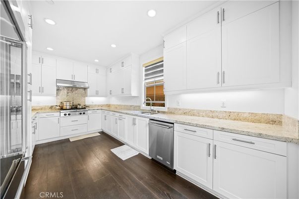 Interior, Kitchen, Recessed Lighting, Stainless Steel Appliances, Wood Texture Flooring