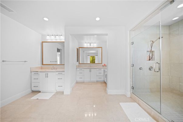 Bathroom, Dual Sink Vanities, Glass Shower, Interior, Recessed Lighting