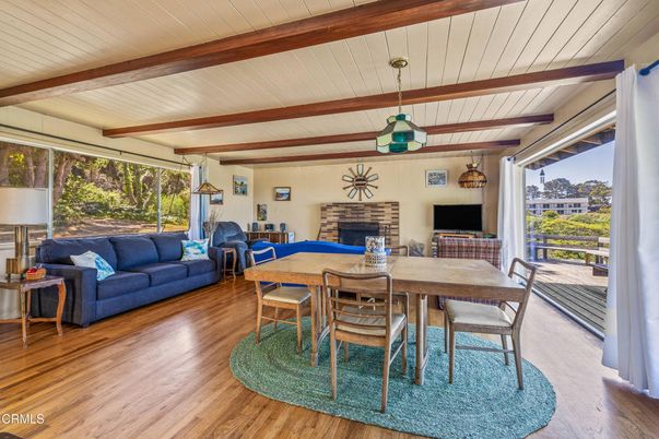 Dining room, Fireplace, Interior, Living room, Pendant Lights, Wooden Beams, Wood Texture Flooring