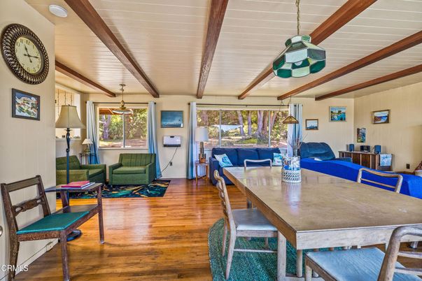Dining room, Interior, Living room, Pendant Lights, Wooden Beams, Wood Texture Flooring