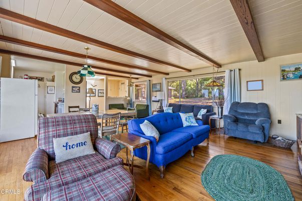 Dining room, Interior, Living room, Pendant Lights, Wooden Beams, Wood Texture Flooring