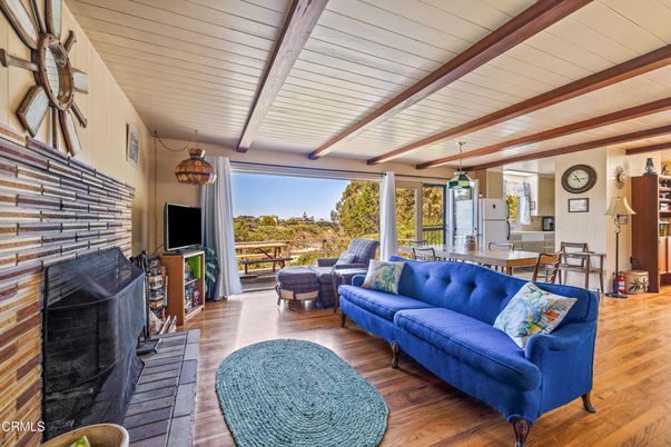 Dining room, Fireplace, Interior, Living room, Wooden Beams, Wood Texture Flooring