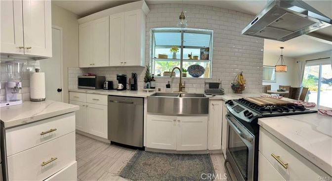 Interior, Kitchen, Pendant Lights, Stainless Steel Appliances, Stone Walls, Wood Texture Flooring