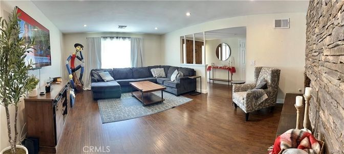 Fireplace, Interior, Living room, Recessed Lighting, Stone Walls, Wood Texture Flooring