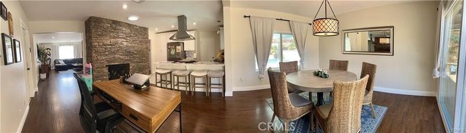Dining room, Fireplace, Interior, Kitchen, Pendant Lights, Recessed Lighting, Stone Walls, Wood Texture Flooring