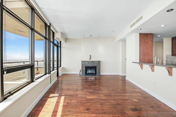 Empty room, Fireplace, Interior, Recessed Lighting, Water, Wood Texture Flooring
