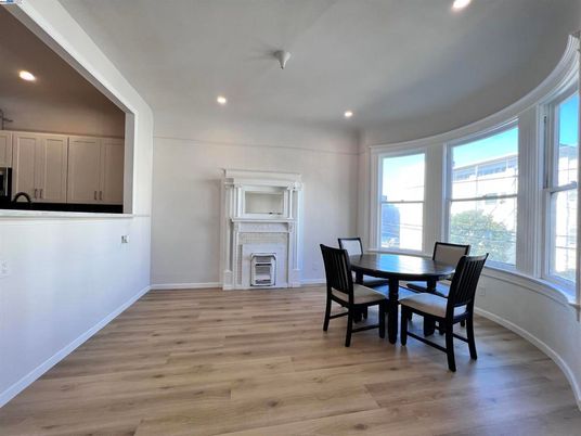 Dining room, Fireplace, Interior, Recessed Lighting, Wood Texture Flooring