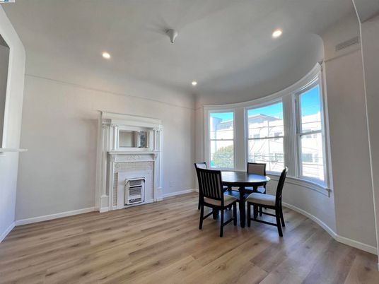 Dining room, Fireplace, Interior, Recessed Lighting, Wood Texture Flooring