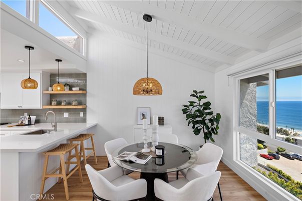 Dining room, Interior, Kitchen, Pendant Lights, Water, Wood Texture Flooring