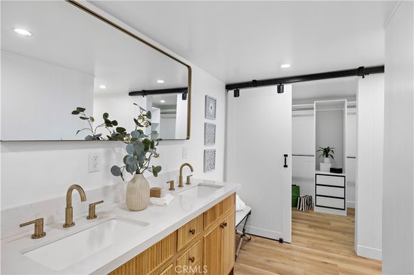 Bathroom, Dual Sink Vanities, Interior, Recessed Lighting, Wood Texture Flooring