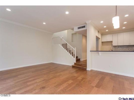 Empty room, Interior, Kitchen, Pendant Lights, Recessed Lighting, Wood Texture Flooring