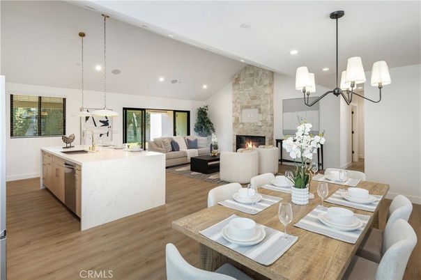 Dining room, Fireplace, Interior, Kitchen, Living room, Pendant Lights, Recessed Lighting, Stone Walls, Wood Texture Flooring
