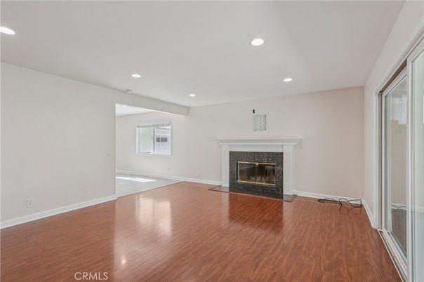 Empty room, Fireplace, Interior, Recessed Lighting, Wood Texture Flooring