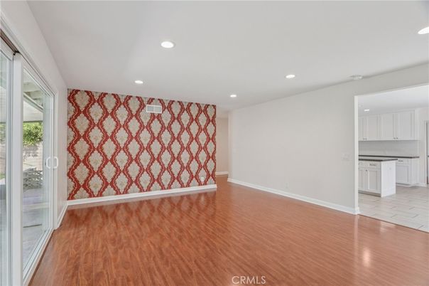 Empty room, Interior, Kitchen, Recessed Lighting, Wood Texture Flooring
