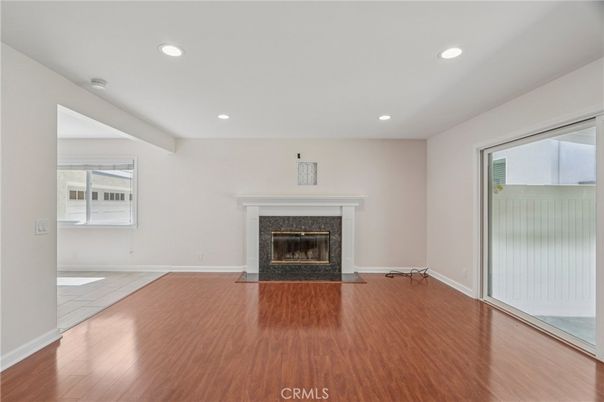 Empty room, Fireplace, Interior, Recessed Lighting, Wood Texture Flooring