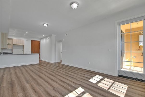 Empty room, Interior, Kitchen, Recessed Lighting, Wood Texture Flooring