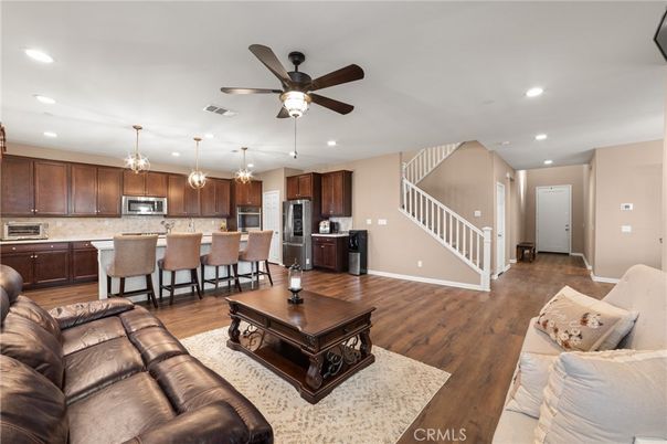 Interior, Kitchen, Living room, Pendant Lights, Recessed Lighting, Stainless Steel Appliances, Wood Texture Flooring