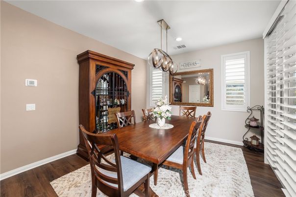 Dining room, Interior, Pendant Lights, Recessed Lighting, Wood Texture Flooring