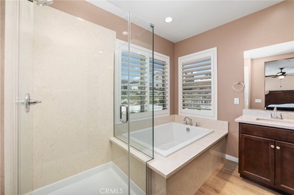 Bathroom, Glass Shower, Interior, Recessed Lighting, Wood Texture Flooring