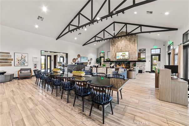 Dining room, Fireplace, Interior, Pendant Lights, Recessed Lighting, Wood Texture Flooring, Wooden Walls