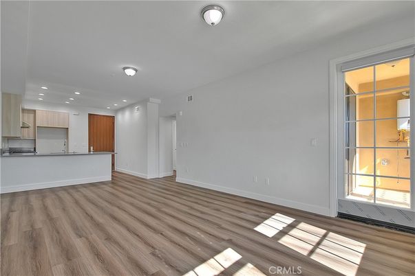 Empty room, Interior, Kitchen, Recessed Lighting, Wood Texture Flooring